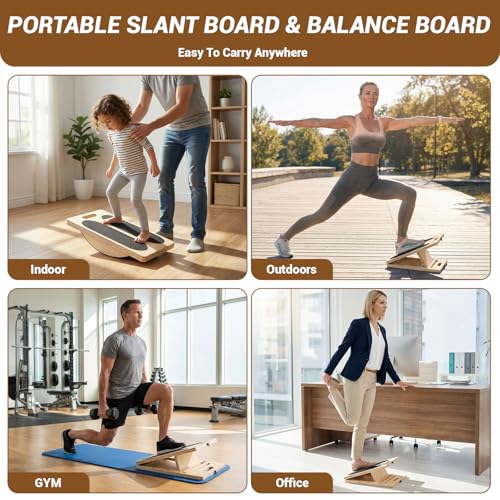 2-in-1 Wooden Slant Board & Balance Board | Adjustable Incline Board for Calf Stretching, Squat Wedge, Ankle Support | Foldable Design | Includes Workout Poster & Resistance Bands
