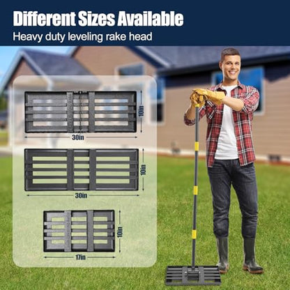 Professional Lawn Leveling Rake with 17x10in Heavy-Duty Stainless Steel Head & 72" Adjustable Handle - Grass Leveling Tool for Quick Soil Grading, Thatch Removal and Yard Maintenance - size: 17x10", 72"