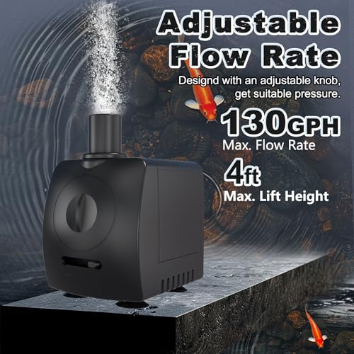 Submersible Pump 130GPH Ultra Quiet 4ft High Lift for Fountains, Hydroponics, Ponds, Aquariums & More…