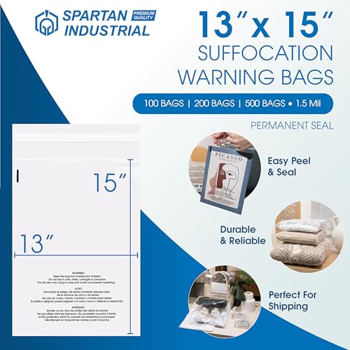 Spartan Industrial - 13” X 15” (100 Count) Self Seal Clear Poly Bags with Suffocation Warning for Packaging, T Shirts & Shipping- Permanent Adhesive - size: 13" X 15"