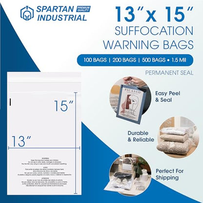 Spartan Industrial - 13" X 15" (500 Count) Self Seal Clear Poly Bags with Suffocation Warning for Packaging, Clothes - Permanent Adhesive - size: 13" x 15"