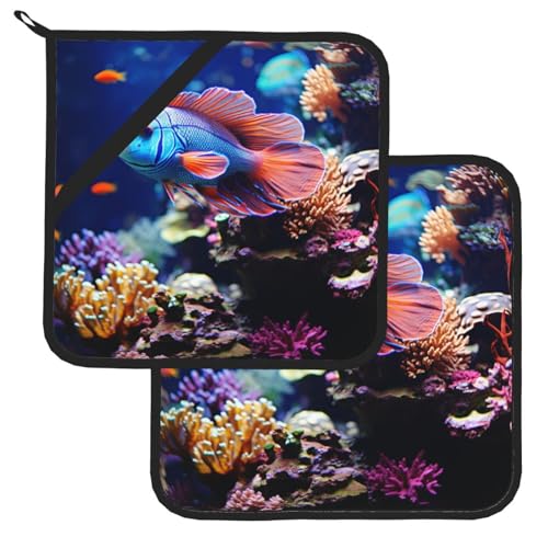 Coral Reef Fish Aquarium Pot Holders Set of 2 Kitchen Potholders with Pocket Heat Resistant Hot Pad Table Pads Non Slip Trivet for Cooking Baking Camping