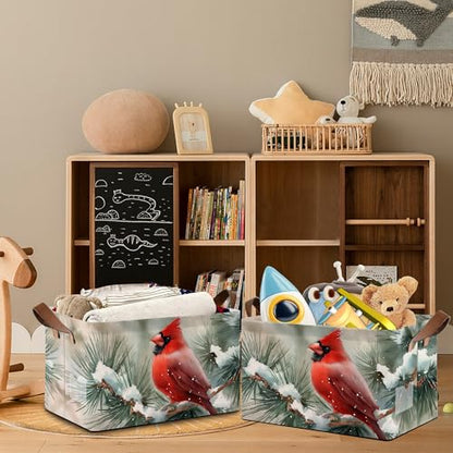Red Cardinal Storage Baskets,Snow Winter Foldable Organizer Bin with Handles for Home Living Room Bedroom Closet Box 17x11.5x10Inch - color: Red Cardinal Snow Winter