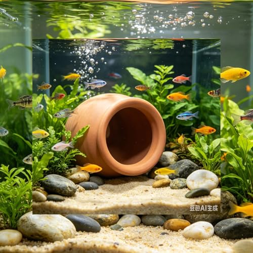 Saim Natural Clay Ceramic Cave Pot - Aquarium Fish Tank Decor Hideout for Betta Shrimp Cichlid Small Fish Breeding & Hiding Shelter Cute Ornament Aquatic Habitat- Large