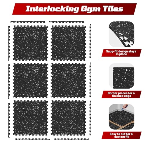 Interlocking Exercise Equipment Mats, 0.56" Thick 6 Tiles (24 Sq Ft) - Rubber Top Gym Flooring with High Density EVA Foam, Heavy Weight Workout Mats for Home GymFloor Protection,Black/White - size: 24 Sq Ft (6 Tiles)