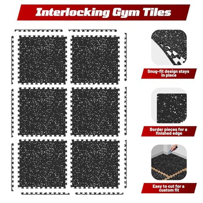 Interlocking Exercise Equipment Mats, 0.56" Thick 6 Tiles (24 Sq Ft) - Rubber Top Gym Flooring with High Density EVA Foam, Heavy Weight Workout Mats for Home GymFloor Protection,Black/White - size: 24 Sq Ft (6 Tiles)