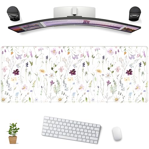 White Floral Desk Mat Cute Flowers Desk Pad Aesthetic Sage Mouse Pad XL Large Mousepad Desk Matt for Desktop, Laptop Pad Mat Keyboard and Mouse Mat for Women Office Decor Accessories 31.5x11.8 in
