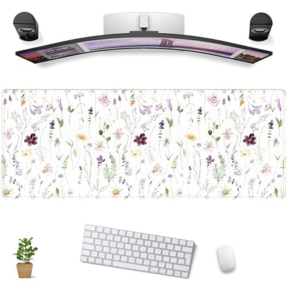 White Floral Desk Mat Cute Flowers Desk Pad Aesthetic Sage Mouse Pad XL Large Mousepad Desk Matt for Desktop, Laptop Pad Mat Keyboard and Mouse Mat for Women Office Decor Accessories 31.5x11.8 in