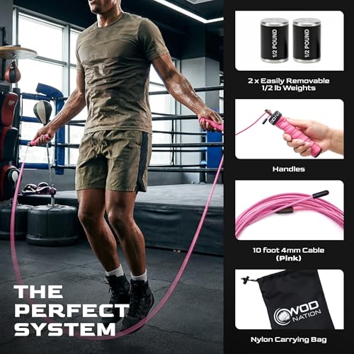 WOD Nation Weight Jump Rope for Men & Women, 1LB Adjustable Heavy Speed Rope with Removable Handle Weights, Dual Cables for Cross Training, Cardio, Home Workouts Adult Fitness Jump Rope - color: Pink