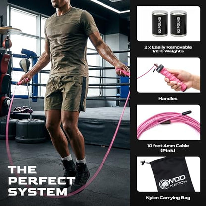 WOD Nation Weight Jump Rope for Men & Women, 1LB Adjustable Heavy Speed Rope with Removable Handle Weights, Dual Cables for Cross Training, Cardio, Home Workouts Adult Fitness Jump Rope - color: Pink