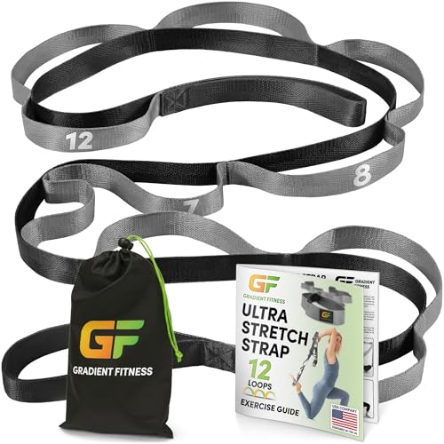 Stretching Strap for Physical Therapy, 12 Multi-Loop Stretch Strap 1" W x 8' L, Neoprene Handles, Physical Therapy Equipment, Yoga Straps for Stretching, Leg Stretcher. - color: Black/Grey