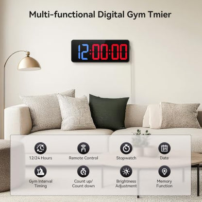 Gym Timer Clock, 12" Large Display LED Exercise Workout Interval - color: Blue&red