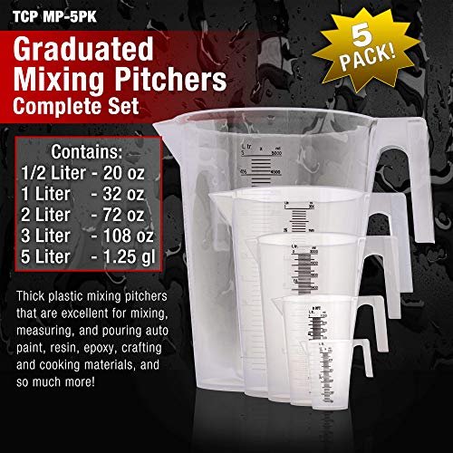 TCP Global 5 Piece Set of Plastic Graduated Measuring and Mixing Pitchers - 500, 1000 Quart, 2000, 3000, 5000 ml Gallon Sizes - Pouring Cups, Measure & Mix Paint, Resin, Epoxy, Kitchen Cooking Baking