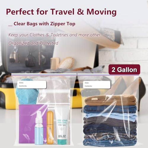 Large Plastic Bags With Zipper Top and Writable White Block, 2 Gallon,13x15in,2-Mil Thick,25 Pack,Storage Bags for Clothes,Travel, Moving, Reusable,Heavy-Duty,BPA-Free, Clear Plastic - size: 13x15in