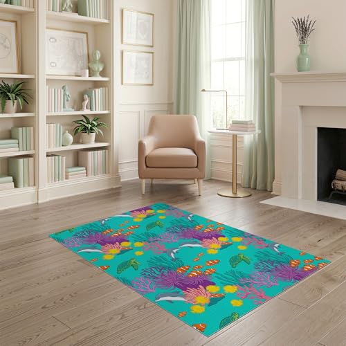 4'x6' Washable Graphic Turtle Area Rug, Teal Flatwoven Floor Mat Non-Slip Chair-Friendly Carpet for Home Office, Gaming Room, Under Desk | Ref:1942919 - color: Blue/Pattern 48, size: 4' x 6' (Rectangular)