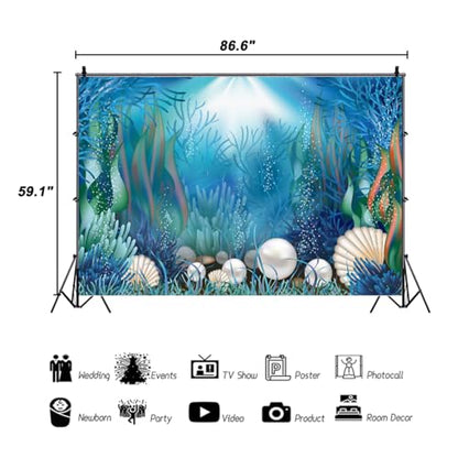 7x5ft Fairytale Undersea Pearl Shell Backdrop Deep Sea Plants Coral Pearl Mussels Underwater Mermaid's Shelter Background for Photography Happy Birthday Party Banner Baby Shower Photo Booth - size: 7x5ft