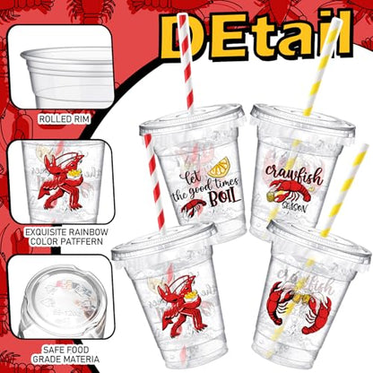 Domensi 50 Pack 12oz Crawfish Boil Plastic Cups with Straws, Disposable Seafood Party Supplies for Lobster Feast, Cajun Style Birthday Table Decorations, Bulk Low Country Picnic Drinkware Favors