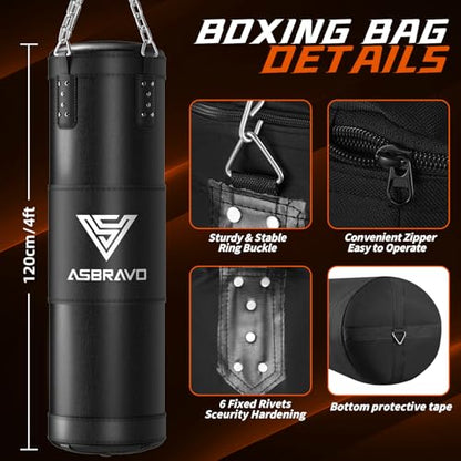 Punching Bag for Adults, 4 ft Set with 12 oz Boxing Gloves | 195-inch wraps, Oxford fabric and PU panel, reinforced stitching, hanging hardware for MMA and kickboxing; ships unfilled