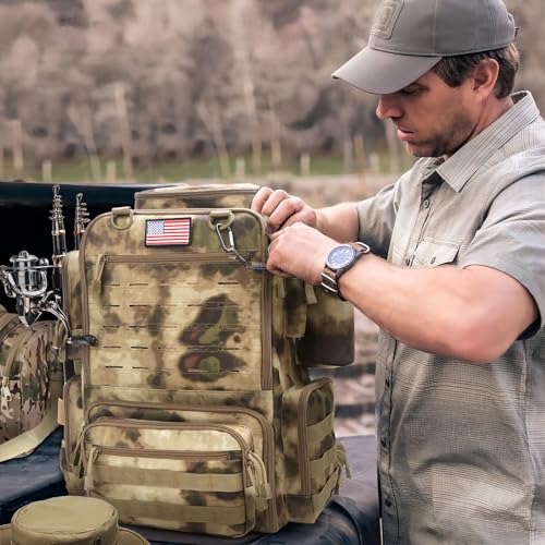 Fishing Backpack, Fishing Tackle Backpack with Rod Holders for 4 Boxes (Box Not Included) 45L Waterproof Fishing Gear, Ideal for Men and Women Large Tackle Box Bag (Sahara Khaki Camo) - color: Sahara Khaki Camo