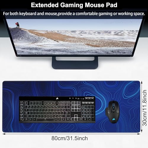 Abstract Topography Design Desk Mat,Large Dark Blue Topographic Line Art Gaming Keyboard Mouse Pad,Non-Slip Rubber Base Desk Pad Thick Stitched Edges Waterproof Mousepad Mouse Mat 31.5"x11.8" - color: Abstract Topography Design