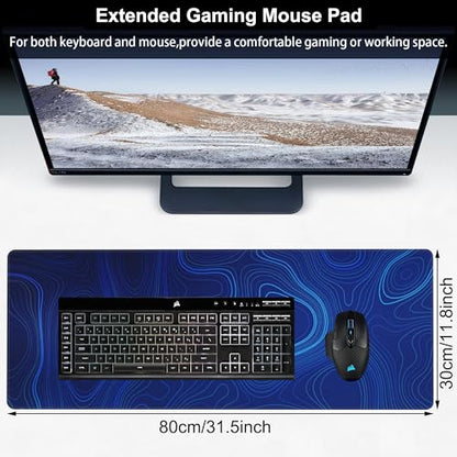 Abstract Topography Design Desk Mat,Large Dark Blue Topographic Line Art Gaming Keyboard Mouse Pad,Non-Slip Rubber Base Desk Pad Thick Stitched Edges Waterproof Mousepad Mouse Mat 31.5"x11.8" - color: Abstract Topography Design