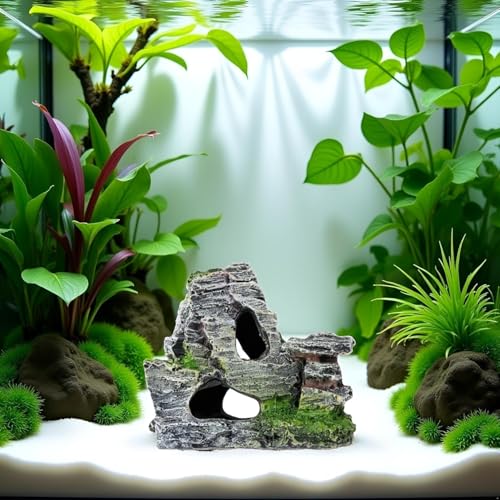 Resin Aquarium Mountain Decor with Moss Rock Cave - Multi-Level Terrain for Fish Tank Landscaping,Rock Hidden Cave and Crevices for Shrimp, Reptile Habitat