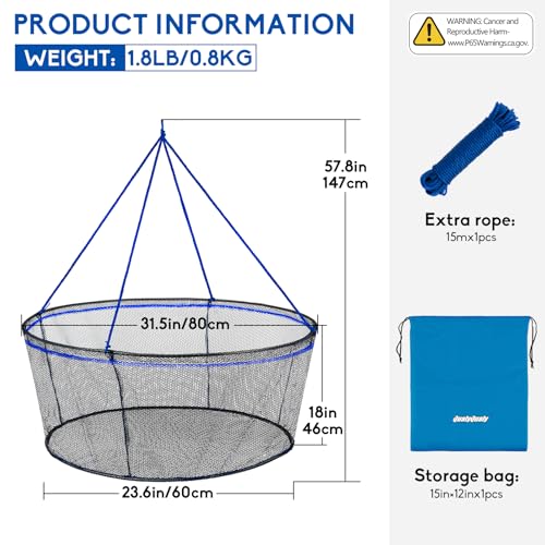 Foldable Fishing Net, Landing Fishing Pier Nets 31"/40" Hoop, Drop Net for Pulling Up Fish with Rope, Portable Bridge Fishing Net for Minnows, Crawfish, Shrimp - size: Rubber - 31 Inch Hoop