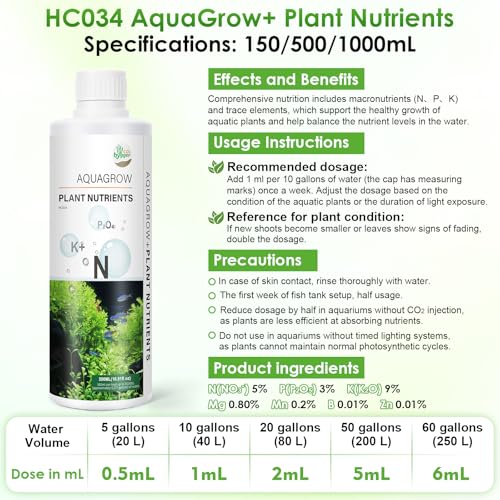 HC034 Aquarium Plant Liquid Fertilizer - Advanced Macro Nutrient Solution for Freshwater Planted Tanks, Promotes Root & Leaf Growth, 150ml/500ml/1000ml (500mL)