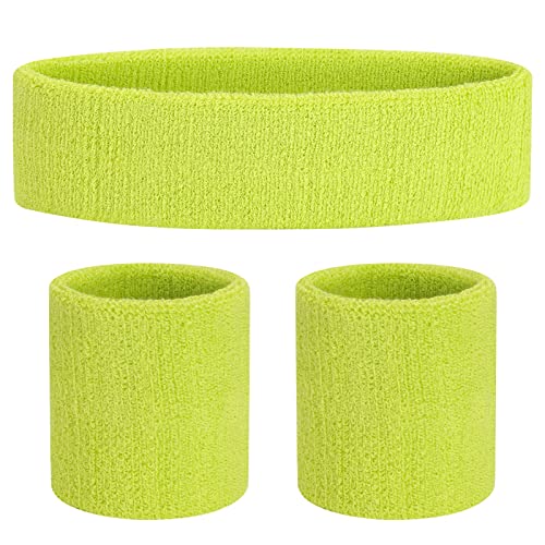 ONUPGO Sweatband Set Sports Headband Wristband Set Sweatbands Terry Cloth Wristband Wrist Sweatband Headbands Moisture Wicking Sweat Absorbing Head Band - color: Fluorescent Green