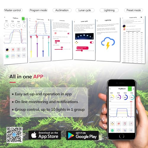 4PCS PopBloom RL90 Led Aquarium Fish Tank LED Planted Light Freshwater Aquarium Lamp for 96" 240CM Fish Tank Light with Smart APP Control - color: Black, size: Freshwater - With Arm Kit