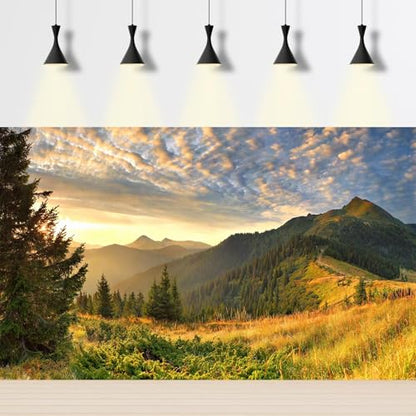 Sunset Mountain Landscape Aquarium Background Panoramic Mountain Valley Fish Tank Background Majestic Cloudy Blue Sky Pine Forest Terrarium Backgrounds Foggy Woodland Reptile Tank Backgrounds 36x18in