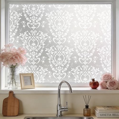 Frosted Damask Window Privacy Film, 78.5" L x 17.5" W, Decorative Non-Adhesive Static Cling, Heat Control & UV Blocking, Anti-Glare Sticker for Home Office Bathroom