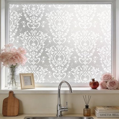 Frosted Damask Window Privacy Film, 78.5" L x 17.5" W, Decorative Non-Adhesive Static Cling, Heat Control & UV Blocking, Anti-Glare Sticker for Home Office Bathroom