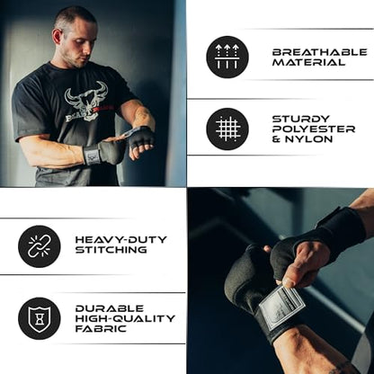 BEAST RAGE Inner Gloves with Hand Wraps Quick Wrap Long 36" Wrist Support MMA Muay Thai Bandages Punching Martial Arts Training Men Women Kickboxing Bandages Under Bag Gloves - color: Black Rage, size: XL (Adult)