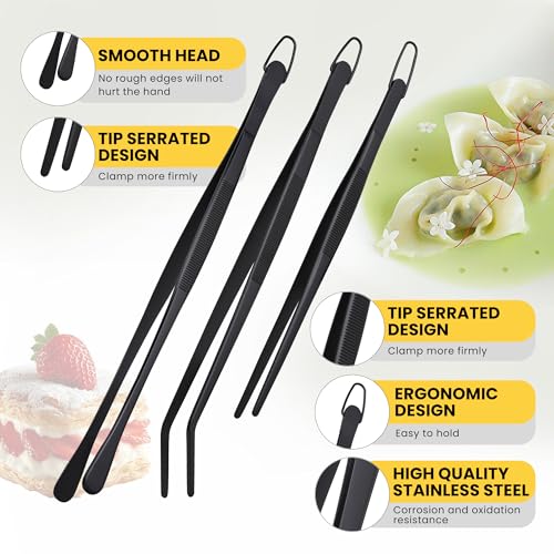 3 Pcs Cooking Tweezers Set, 8" 12" Food Grade 304 Stainless Steel Kitchen Tweezers with Straight & Angled Serrated Tips, Fingerprint-Proof Precision Tongs for BBQ, Plating, Aquascaping