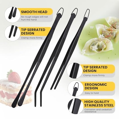 3 Pcs Cooking Tweezers Set, 8" 12" Food Grade 304 Stainless Steel Kitchen Tweezers with Straight & Angled Serrated Tips, Fingerprint-Proof Precision Tongs for BBQ, Plating, Aquascaping