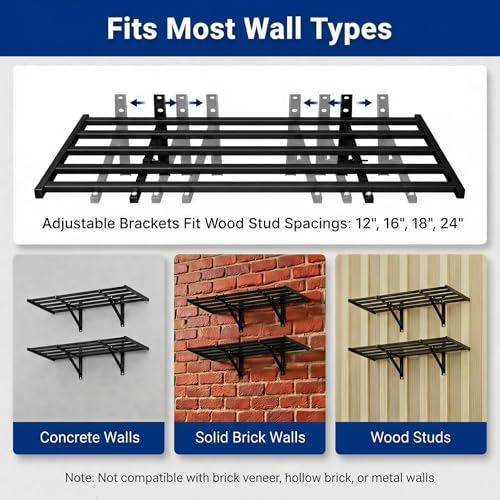 FLEXIMOUNTS 2-Pack 2x4ft Garage Wall Shelving, 8 Hooks, Heavy Duty, Black | Heavy Duty Garage Shelving Wall Mounted, 400lbs Capacity, Storage for Power Tools, Garden Supplies, Storage Bins, Lite Series - size: 2 pack-2x4 ft