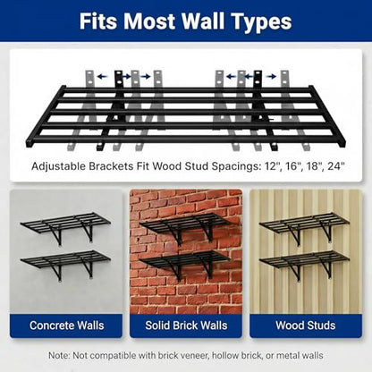 FLEXIMOUNTS 2-Pack 2x4ft Garage Wall Shelving, 8 Hooks, Heavy Duty, Black | Heavy Duty Garage Shelving Wall Mounted, 400lbs Capacity, Storage for Power Tools, Garden Supplies, Storage Bins, Lite Series - size: 2 pack-2x4 ft