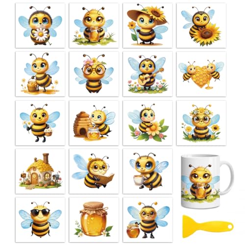 Peacoblue 18 Sheets Rub on Transfers for Crafts, Cartoon Bees and Flowers 3.6"x3.9" UV DTF Cup Wraps Waterproof Rub on Cold Transfers Stickers for Wood Glass Metal Cup Tumblers Mirrors Mugs Decor - style: Cartoon Bees and Flowers