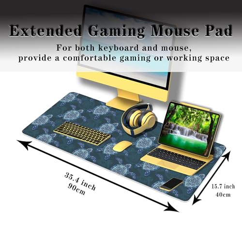 Computer Desk Mat Blue Mats, Gaming Mouse Pads Big Mouse Pad, Desk Pads Large Non-Slip Rubber Base Waterproof with Stitched Edges, 35.4 X 15.7 inch for Work/Game/Office/Home Turtle Pattern - color: Blue Turtle Pattern