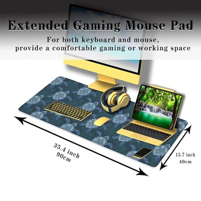 Computer Desk Mat Blue Mats, Gaming Mouse Pads Big Mouse Pad, Desk Pads Large Non-Slip Rubber Base Waterproof with Stitched Edges, 35.4 X 15.7 inch for Work/Game/Office/Home Turtle Pattern - color: Blue Turtle Pattern