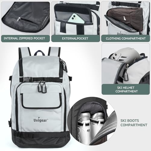 Unigear Ski Boot Bag Backpack 50L/70L for Helmet, Goggles, Skis & Snowboard - color: Silver Gray, size: 70L