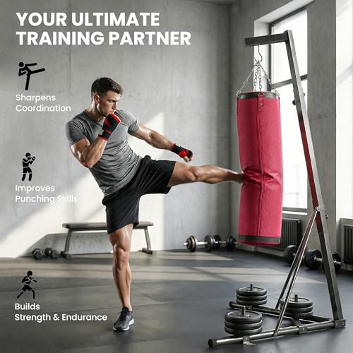 Soozier Punching Bag with Stand for Adults 72.8" 90.9" | Freestanding Boxing Stand, Canvas Sandbag, Stable Triangular Base, 1" Weight Plate Storage, Home Gym MMA, Height Adjustable