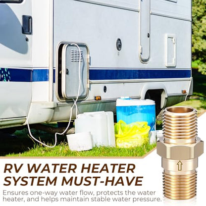 1/2" RV Water Heater Check Valve, 1/2" NPT Male to Male One-Way Backflow Preventer, for RV Camper Motorhome Trailer Fresh Water Heater, Plumbing Backflow Preventer, Brass (2 Pcs)