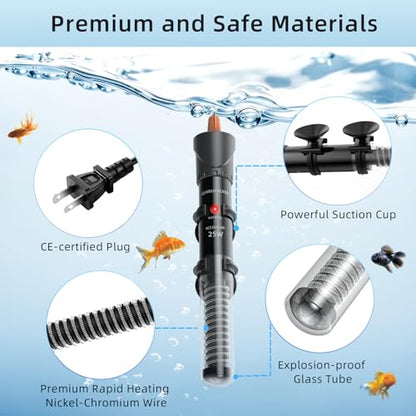 Aquarium Heater 25W/50W/100W/200W/300W, Adjustable Knob Fish Tank Heater with Digital Thermometer, Submersible Betta/Turtle Tank Heater for Freshwater and Saltwater Tanks - size: 25W for 1-5 gallon