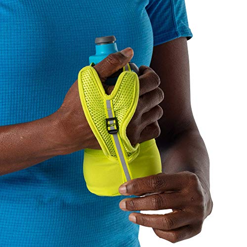 Nathan Running Handheld Water Bottle Adjustable No-Grip Quick Squeeze Lite Hand Strap. Reflective Hydration - color: Finish Lime / Blue Me Away, style: 18oz
