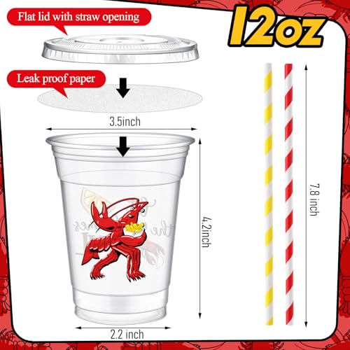 Domensi 50 Pack 12oz Crawfish Boil Plastic Cups with Straws, Disposable Seafood Party Supplies for Lobster Feast, Cajun Style Birthday Table Decorations, Bulk Low Country Picnic Drinkware Favors