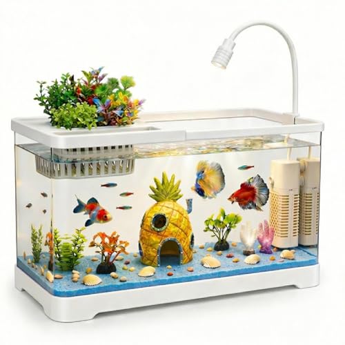 4 Gallon Fish Tank Aquarium Starter Kit with Filter and Light, All in One Small Fish Tank for Betta, Kids & Desktop Use, Self Cleaning Nano Aquarium with Lid(Medium White) - color: White, size: Medium