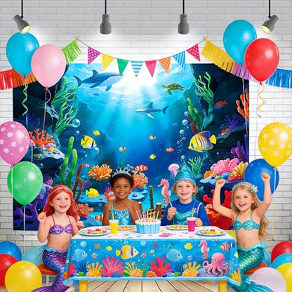 7x5Ft Under The Sea Backdrop Polyester Ocean Backdrop Under The Sea Themed Party Decorations Tropical Fish Dolphin Turtle Coral Deep Sea Sunlight Photo Booth Banner with Ribbon