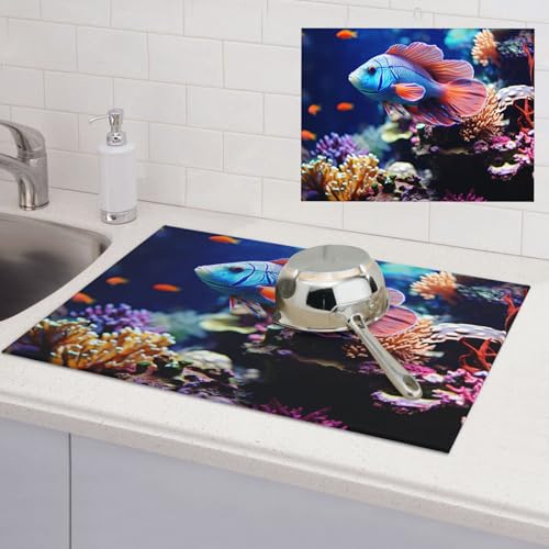 Dish Drying Mat for Kitchen Counter Super Absorbent Microfiber Kitchen Drying Mat Coral Reef Fish Aquarium Non-slip Drainer Mats Extra Large Dish Rack Pad Kitchen Accessories 18"x24"